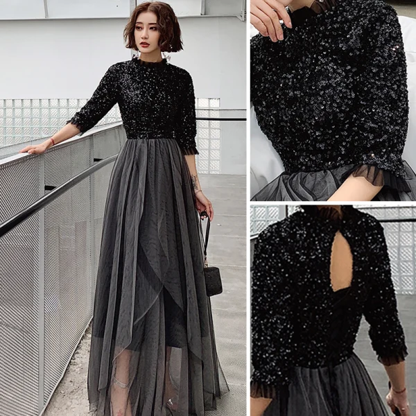 Modern / Fashion Black Evening Dresses 2019 A-Line / Princess Sequins High Neck 1/2 Sleeves Backless Floor-Length / Long Formal Dresses