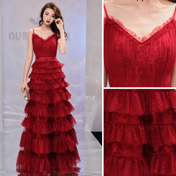 Chic / Belle Bordeaux Robe De Soirée 2019 Princesse Bretelles Spaghetti Tachetée Sans Manches Dos Nu Volants en Cascade Longue Robe De Ceremonie