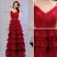 Chic / Belle Bordeaux Robe De Soirée 2019 Princesse Bretelles Spaghetti Tachetée Sans Manches Dos Nu Volants en Cascade Longue Robe De Ceremonie