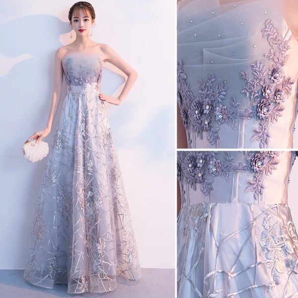 Elegante Silber Abendkleider 2019 A Linie Bandeau Strass Spitze Blumen Ärmellos Rückenfreies Lange Festliche Kleider