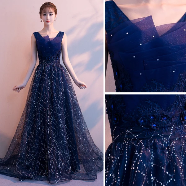 Chic / Beautiful Navy Blue Evening Dresses 2019 A-Line / Princess V-Neck Sequins Rhinestone Lace Flower Sleeveless Backless Sweep Train Formal Dresses