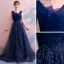 Chic / Beautiful Navy Blue Evening Dresses  2019 A-Line / Princess V-Neck Sequins Rhinestone Lace Flower Sleeveless Backless Sweep Train Formal Dresses