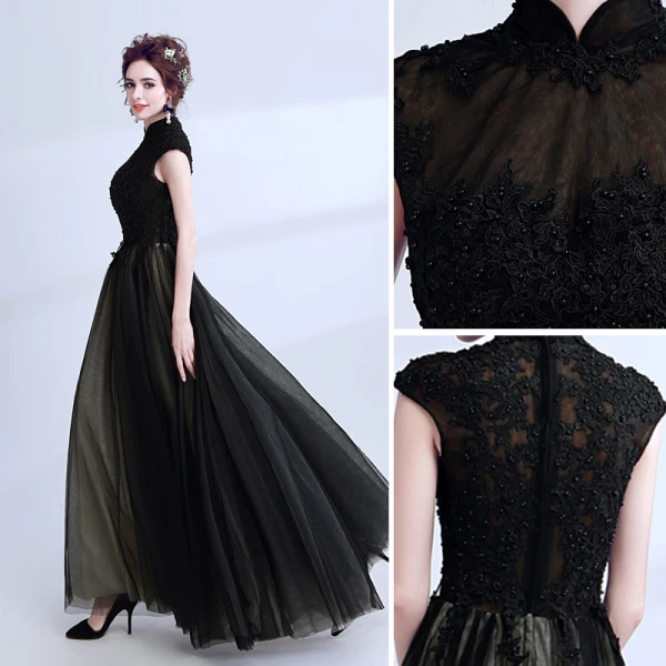 Vintage / Retro Black Evening Dresses 2019 A-Line / Princess High Neck Beading Lace Flower Sleeveless Floor-Length / Long Formal Dresses