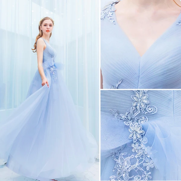 Élégant Bleu Ciel Volants Robe De Soirée 2019 Princesse V-Cou Paillettes En Dentelle Fleur Noeud Sans Manches Dos Nu Longue Robe De Ceremonie