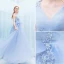 Élégant Bleu Ciel Volants Robe De Soirée 2019 Princesse V-Cou Paillettes En Dentelle Fleur Noeud Sans Manches Dos Nu Longue Robe De Ceremonie