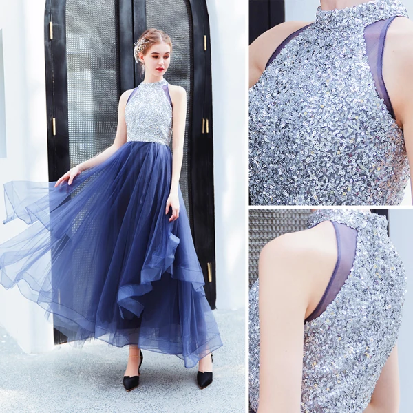 Charmant Océan Bleu Robe De Soirée 2019 Princesse Col Haut Paillettes Sans Manches Longueur Cheville Robe De Ceremonie