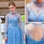 Moderne / Mode Bleu Robe De Soirée 2019 Princesse Col Haut Perle Appliques Paillettes En Dentelle Fleur Manches Longues Dos Nu Longue Robe De Ceremonie