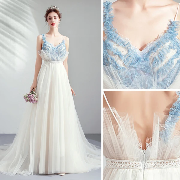 Élégant Ivoire Robe De Soirée 2019 Princesse Volants Bretelles Spaghetti En Dentelle Sans Manches Dos Nu Train De Balayage Robe De Ceremonie