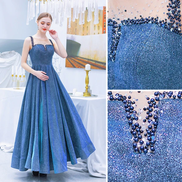 Charming Ocean Blue Evening Dresses 2019 A-Line / Princess Scoop Neck Rhinestone Sequins Sleeveless Floor-Length / Long Formal Dresses