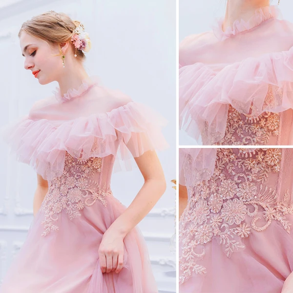 Vintage / Retro Lovely Candy Pink Evening Dresses 2019 A-Line / Princess High Neck Pearl Sequins Lace Flower Short Sleeve Floor-Length / Long Formal Dresses