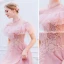 Vintage / Retro Lovely Candy Pink Evening Dresses  2019 A-Line / Princess High Neck Pearl Sequins Lace Flower Short Sleeve Floor-Length / Long Formal Dresses