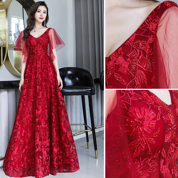 Chic / Beautiful Burgundy Evening Dresses 2019 A-Line / Princess V-Neck Beading Lace Flower Short Sleeve Backless Floor-Length / Long Formal Dresses