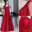 Chic / Beautiful Burgundy Evening Dresses  2019 A-Line / Princess V-Neck Beading Lace Flower Short Sleeve Backless Floor-Length / Long Formal Dresses
