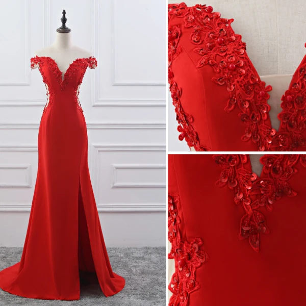 Chic / Belle Bordeaux Robe De Soirée 2019 Trompette / Sirène De l'épaule Perlage Paillettes En Dentelle Fleur Manches Courtes Dos Nu Train De Balayage Fendue devant Robe De Ceremonie
