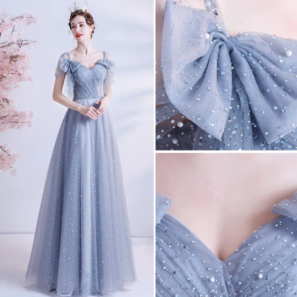 Fashion Silver Prom Dresses 2021 A-Line / Princess Square Neckline Rhinestone Bow Short Sleeve Backless Floor-Length / Long Formal Dresses