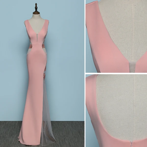 Chic / Belle Perle Rose Robe De Soirée 2019 Trompette / Sirène V-Cou Faux Diamant Sans Manches Dos Nu Longue Robe De Ceremonie