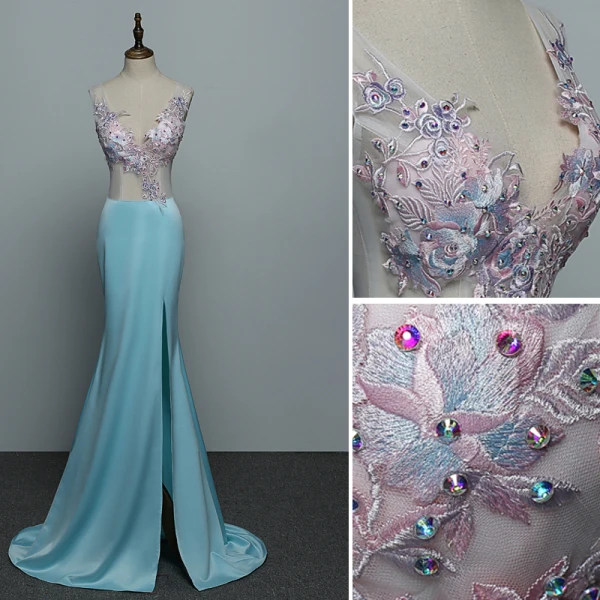 Sexy Bleu Robe De Soirée 2019 Trompette / Sirène V-Cou Faux Diamant En Dentelle Fleur Sans Manches Dos Nu Train De Balayage Robe De Ceremonie