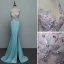 Sexy Bleu Robe De Soirée 2019 Trompette / Sirène V-Cou Faux Diamant En Dentelle Fleur Sans Manches Dos Nu Train De Balayage Robe De Ceremonie