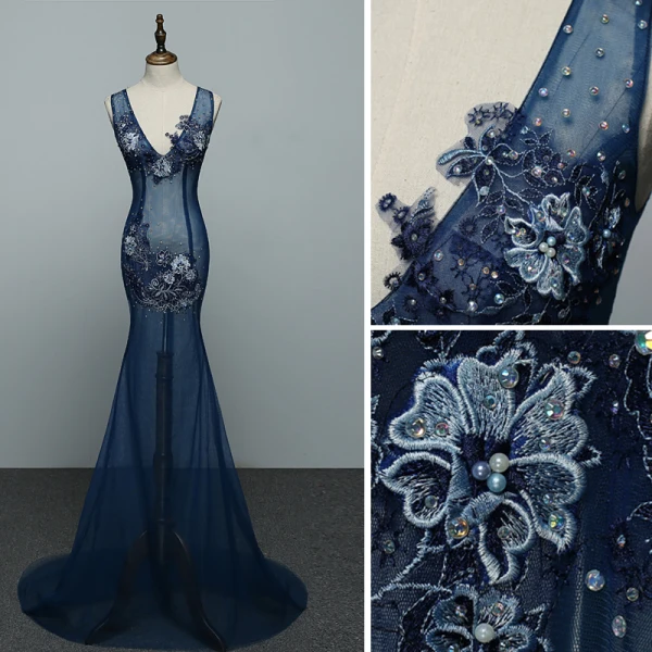 Sexy Marineblau Durchsichtige Abendkleider 2019 Meerjungfrau V-Ausschnitt Perle Strass Spitze Blumen Ärmellos Rückenfreies Sweep / Pinsel Zug Festliche Kleider