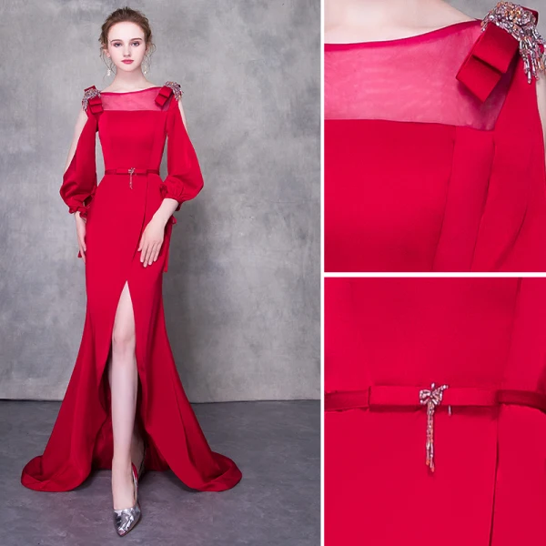Chic / Beautiful Burgundy Evening Dresses  2019 Trumpet / Mermaid Scoop Neck Bow Beading Crystal Short Sleeve Sweep Train Formal Dresses