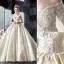 Charming Champagne Wedding Dresses 2019 A-Line / Princess Off-The-Shoulder Beading Sequins Lace Flower Short Sleeve Backless Royal Train