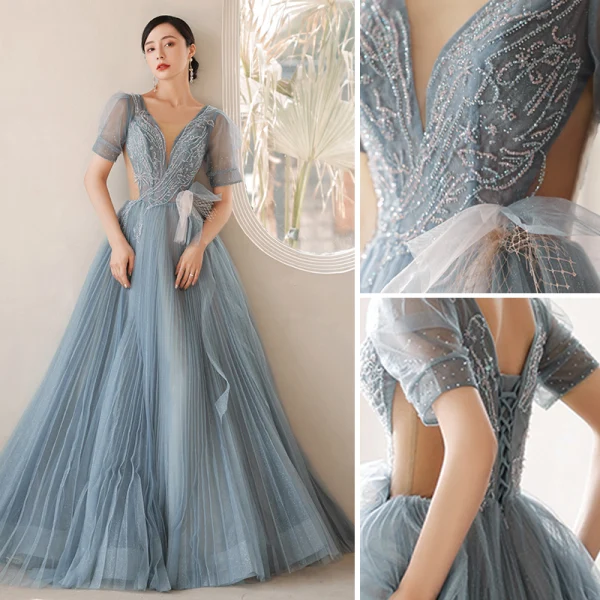 Fashion Sky Blue Prom Dresses Evening Dresses  2021 A-Line / Princess U-Neck Beading Rhinestone Short Sleeve Backless Floor-Length / Long Formal Dresses