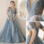 Fashion Sky Blue Prom Dresses Evening Dresses  2021 A-Line / Princess U-Neck Beading Rhinestone Short Sleeve Backless Floor-Length / Long Formal Dresses