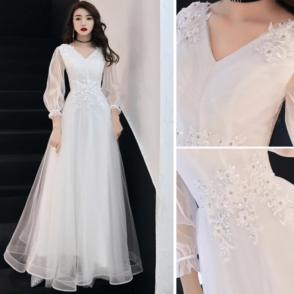 Élégant Blanche Robe De Soirée 2019 Princesse V-Cou Paillettes En Dentelle Fleur 3/4 Manches Longue Robe De Ceremonie