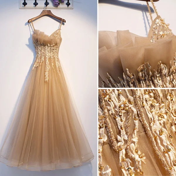 Élégant Champagne Robe De Soirée 2019 Princesse Bretelles Spaghetti Perlage Faux Diamant En Dentelle Fleur Sans Manches Dos Nu Longue Robe De Ceremonie