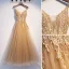 Élégant Champagne Robe De Soirée 2019 Princesse Bretelles Spaghetti Perlage Paillettes En Dentelle Fleur Sans Manches Dos Nu Longue Robe De Ceremonie