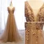 Élégant Champagne Robe De Soirée 2019 Princesse V-Cou Perlage Faux Diamant Appliques En Dentelle Fleur Manches Courtes Dos Nu Train De Balayage Robe De Ceremonie