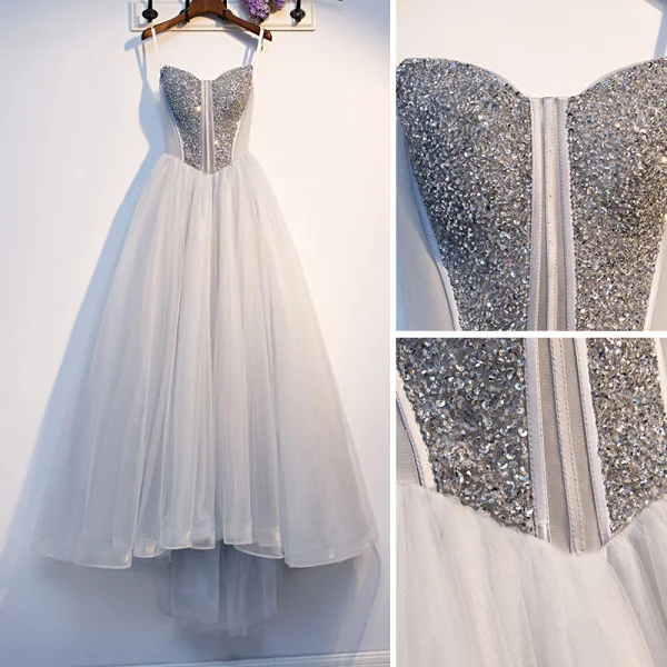 Hermoso Gris Vestidos de gala 2019 A-Line / Princess Spaghetti Straps Rebordear Lentejuelas Sin Mangas Sin Espalda Asimétrico Vestidos Formales