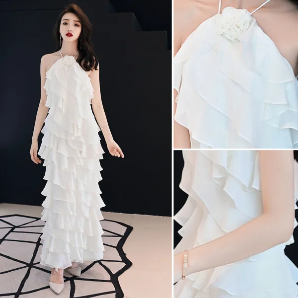 Modern / Fashion Ivory Evening Dresses 2019 Halter Sleeveless Backless Cascading Ruffles Ankle Length Formal Dresses