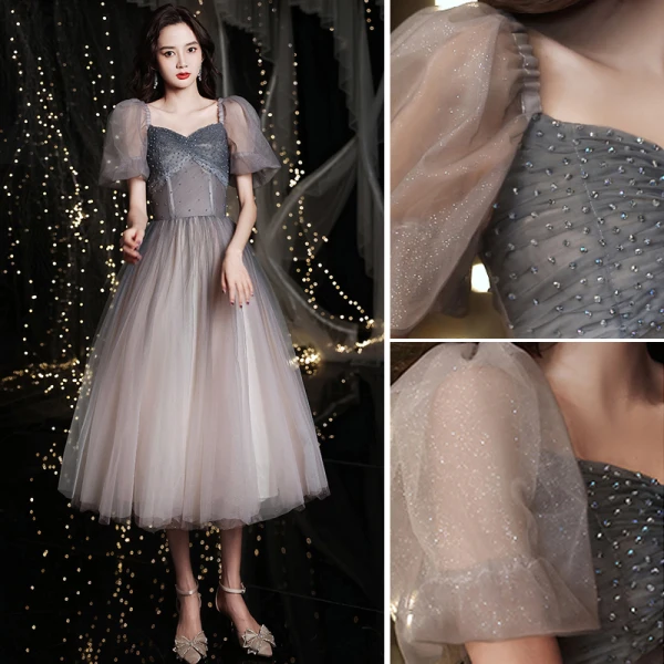 Fashion Glitter Grey Homecoming Graduation Dresses 2021 A-Line / Princess Square Neckline Beading Crystal Short Sleeve Backless Tea-length Formal Dresses