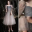 Fashion Glitter Grey Homecoming Graduation Dresses 2021 A-Line / Princess Square Neckline Beading Crystal Short Sleeve Backless Tea-length Formal Dresses