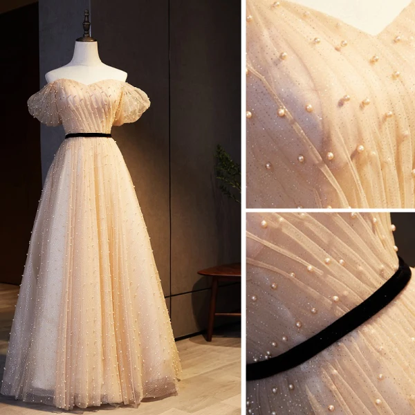 Chic / Beautiful Champagne Prom Dresses 2021 A-Line / Princess Off-The-Shoulder Sash Sequins Pearl Short Sleeve Backless Floor-Length / Long Prom Formal Dresses