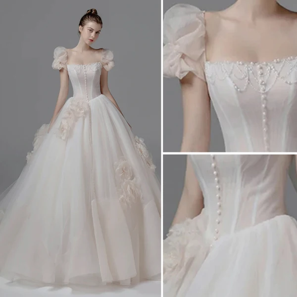 Moderne / Mode Ivoire Perle Robe De Mariée 2021 Robe Boule Encolure Carrée Gonflée Manches Courtes Dos Nu Noeud Royal Train Mariage