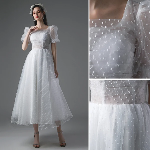 Simple Blanche Courte Robe De Mariée 2021 Princesse Encolure Carrée Manches Courtes Dos Nu Mariage