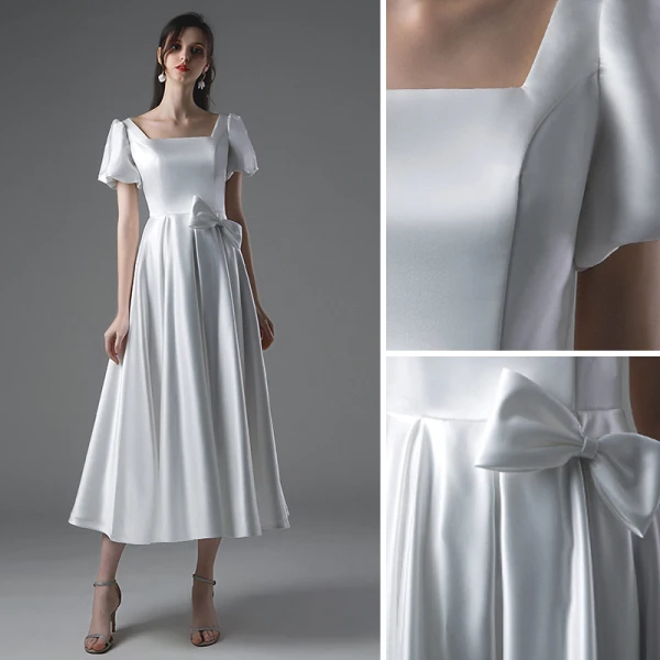 Schlicht Ivory / Creme Satin Brautkleider / Hochzeitskleider 2021 A Linie Eckiger Ausschnitt Kurze Ärmel Schleife Rückenfreies Wadenlang Hochzeit