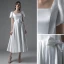 Schlicht Ivory / Creme Satin Brautkleider / Hochzeitskleider 2021 A Linie Eckiger Ausschnitt Kurze Ärmel Schleife Rückenfreies Wadenlang Hochzeit