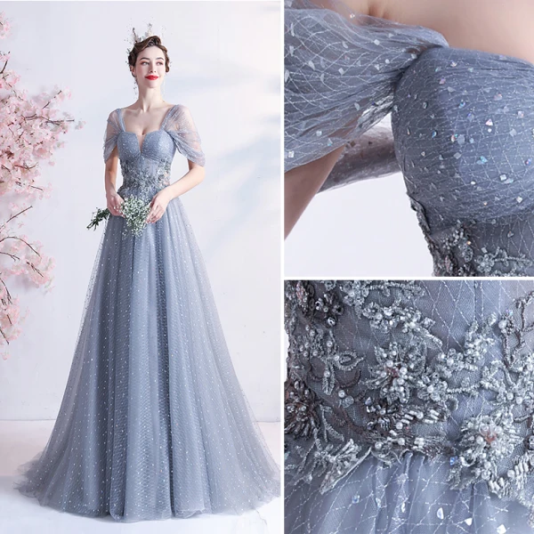 Chic / Belle Gris Robe De Bal 2021 Princesse Encolure Carrée Manches Courtes Dos Nu Perlage Perle En Dentelle Fleur Longue Promo Robe De Ceremonie