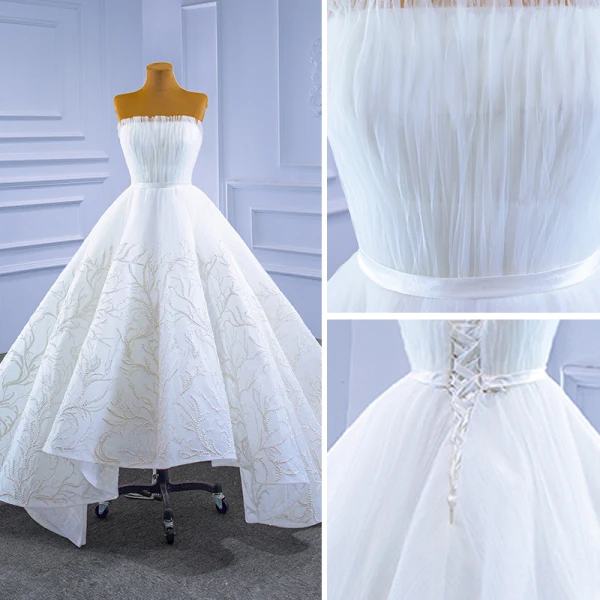 Haut de Gamme Blanche Robe De Mariée 2021 Robe Boule Perlage Volants Bustier Sans Manches Dos Nu Ceinture Train De Balayage Mariage