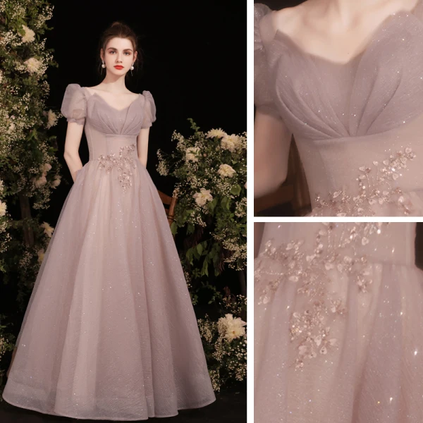 Vintage / Retro Glitter Dusky Pink Evening Dresses  Prom Dresses 2021 A-Line / Princess V-Neck Lace Flower Short Sleeve Backless Floor-Length / Long Formal Dresses