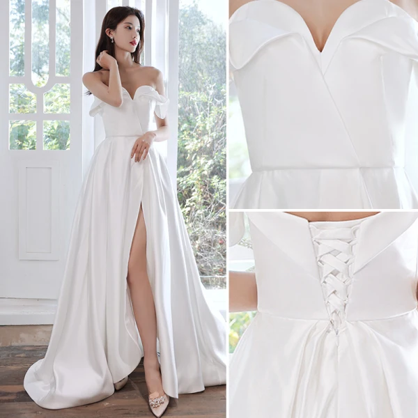 Simple Ivoire Fendue devant Satin Robe De Mariée 2021 Princesse Bustier Sans Manches Dos Nu Train De Balayage Mariage