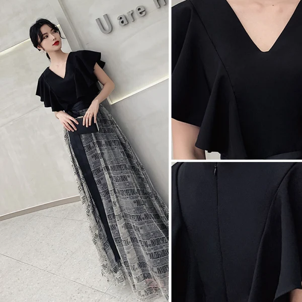 Mode Noire Noeud Robe De Bal 2021 Princesse V-Cou Manches Courtes Longue Promo Robe De Ceremonie