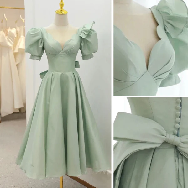 Chic / Beautiful Sage Green Homecoming Satin Graduation Dresses 2021 A-Line / Princess V-Neck Short Sleeve Backless Bow Tea-length Formal Dresses