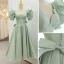 Chic / Beautiful Sage Green Homecoming Satin Graduation Dresses 2021 A-Line / Princess V-Neck Short Sleeve Backless Bow Tea-length Formal Dresses
