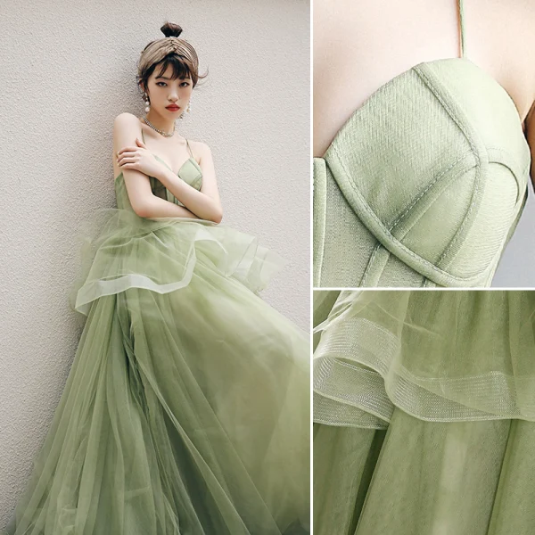 Chic / Beautiful Cascading Ruffles Sage Green Prom Dresses 2021 A-Line / Princess Spaghetti Straps Sleeveless Backless Court Train Prom Formal Dresses
