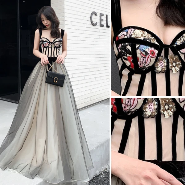 Chic / Belle Noire Robe De Bal 2021 Princesse Bretelles Spaghetti Paillettes En Dentelle Fleur Noeud Sans Manches Dos Nu Longue Promo Robe De Ceremonie