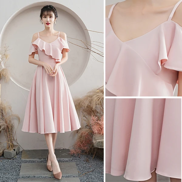 Simple Rougissant Rose de retour Robe De Graduation 2021 Princesse Bretelles Spaghetti Manches Courtes Dos Nu Thé Longueur Robe De Ceremonie